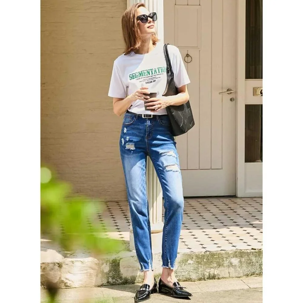 Women's High Waisted Ripped Stretch Jeans Ankle Straight Casual